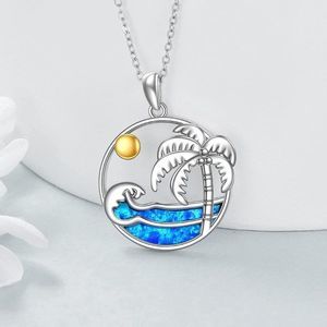YAFEINI Palm Tree 925 Sterling Silver Palm Tree Pendant Opal Wave  Necklace